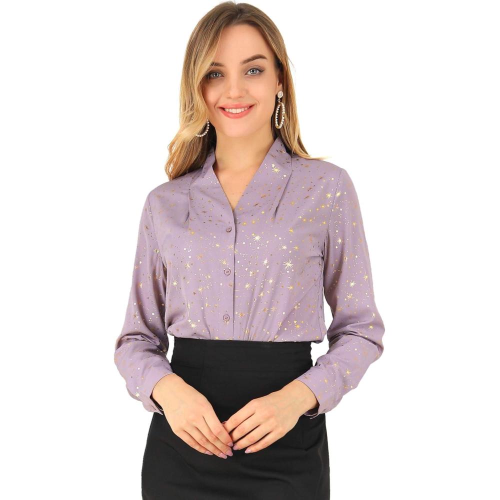 imageAllegra K Womens Metallic Patterned Blouse V Neck Long Sleeve Gilding Sparkly Dots Star TopDark Purple