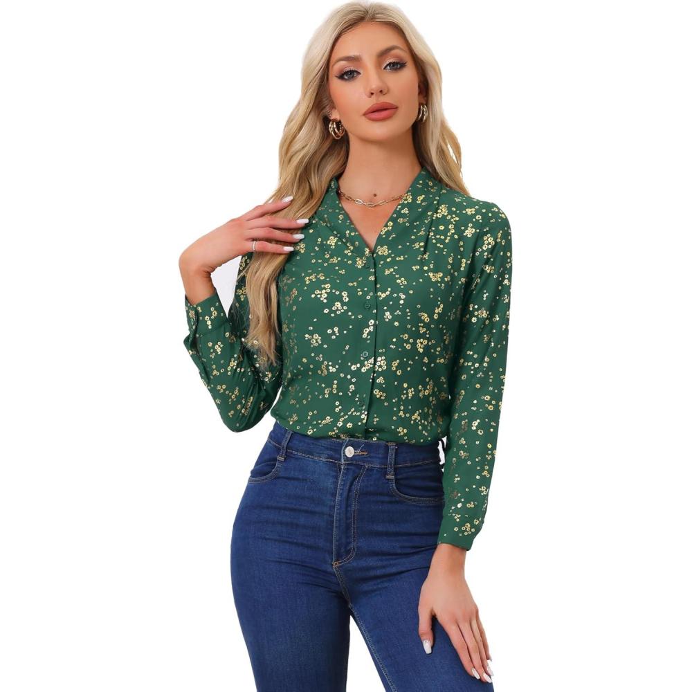 imageAllegra K Womens Metallic Patterned Blouse V Neck Long Sleeve Gilding Sparkly Dots Star TopGreenfloral
