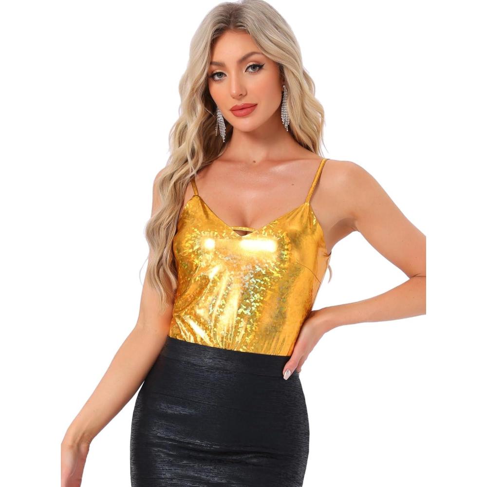 imageAllegra K Womens Metallic Shiny Halloween Party Tank Top Sleeveless Deep V Neck Camisole TopsGold Yellow