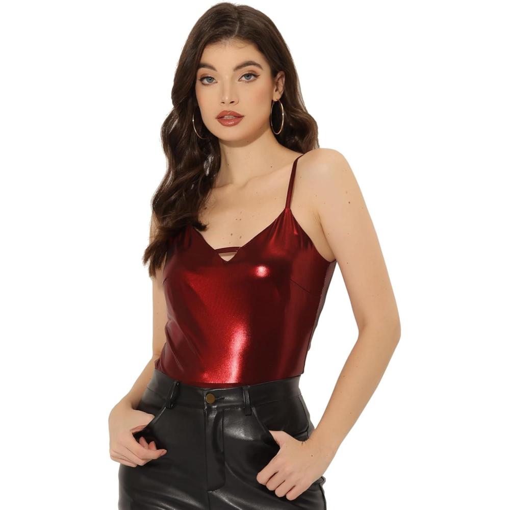 imageAllegra K Womens Metallic Shiny Halloween Party Tank Top Sleeveless Deep V Neck Camisole TopsRed