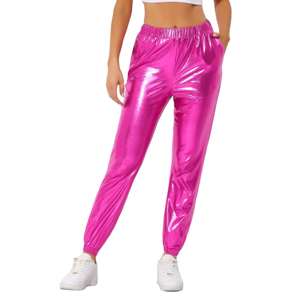 imageAllegra K Womens Metallic Trousers Christmas Shiny Sparkle Elastic Waist Holographic PantsHot Pink