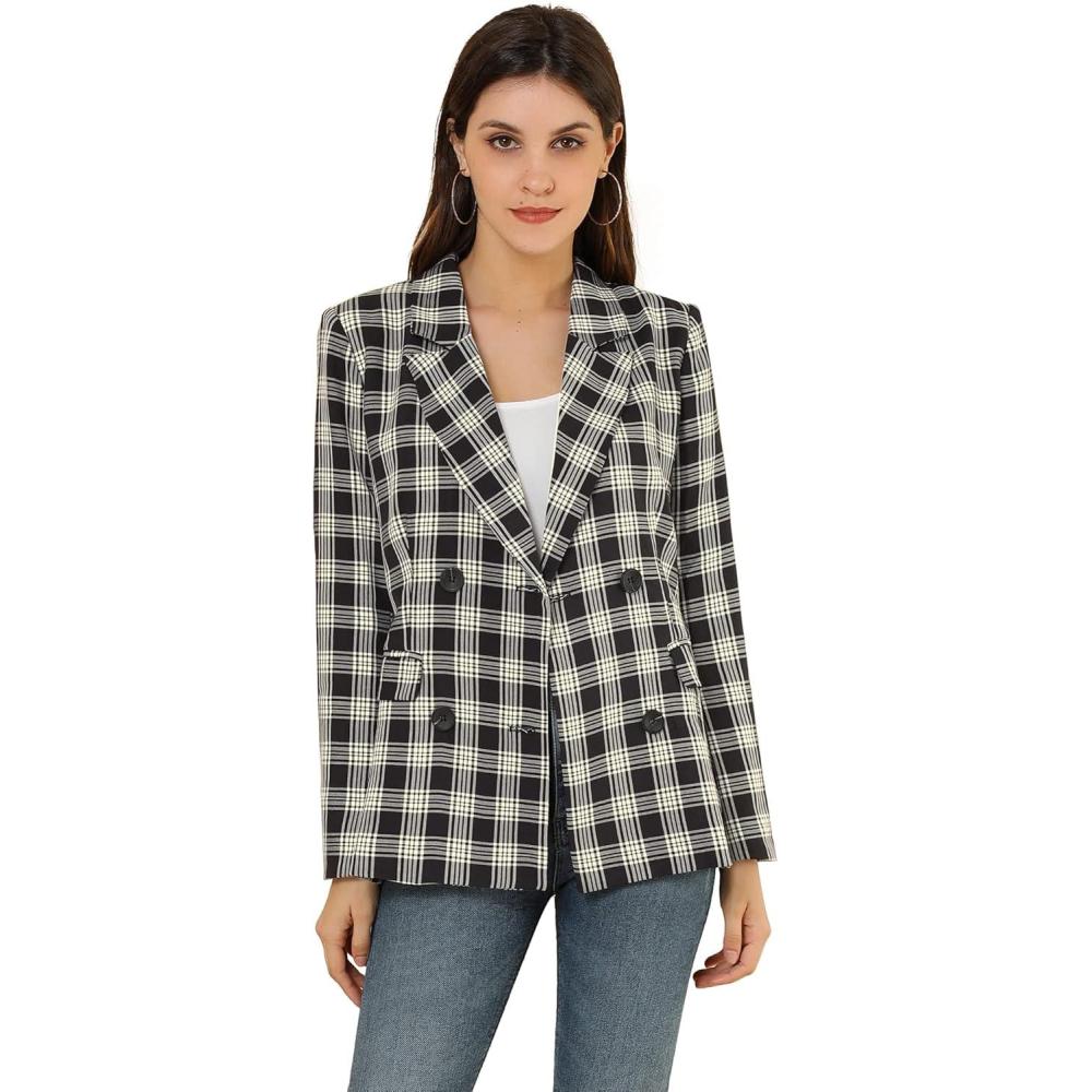 imageAllegra K Womens Notched Lapel Double Breasted Work Formal Blazer JacketBlack