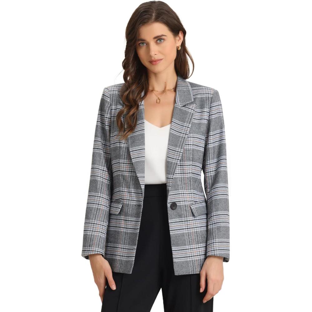 imageAllegra K Womens Notched Lapel One Button Boyfriend Blazer Suit Houndstooth Work Office Blazers JacketGrey