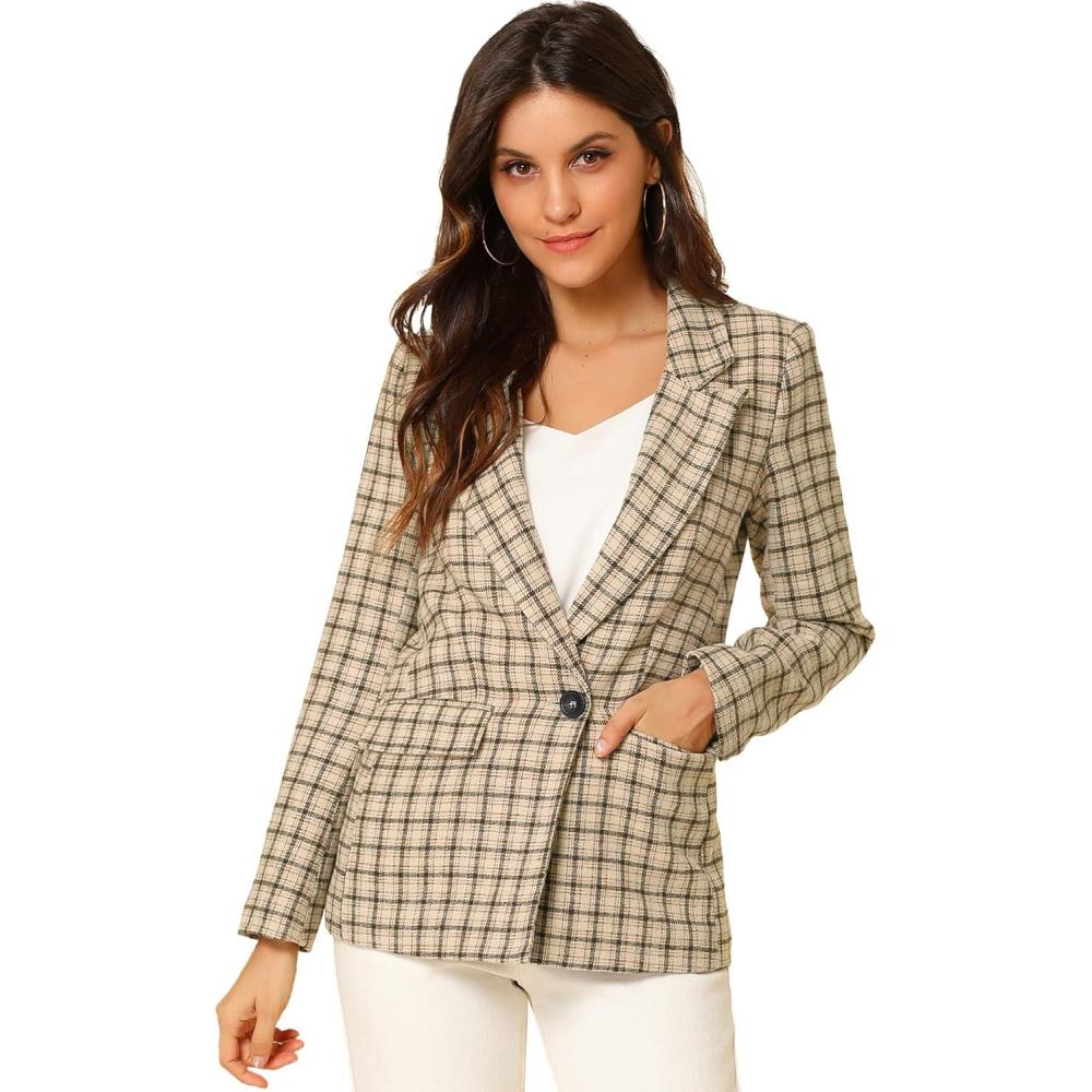 imageAllegra K Womens Notched Lapel One Button Boyfriend Blazer Suit Houndstooth Work Office Blazers JacketKhaki
