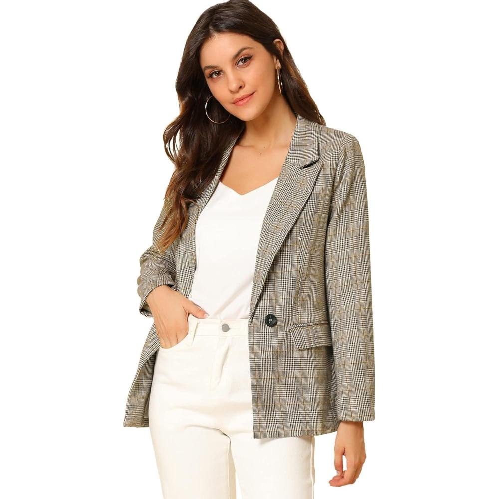 imageAllegra K Womens Notched Lapel One Button Boyfriend Blazer Suit Houndstooth Work Office Blazers JacketLight Coffee