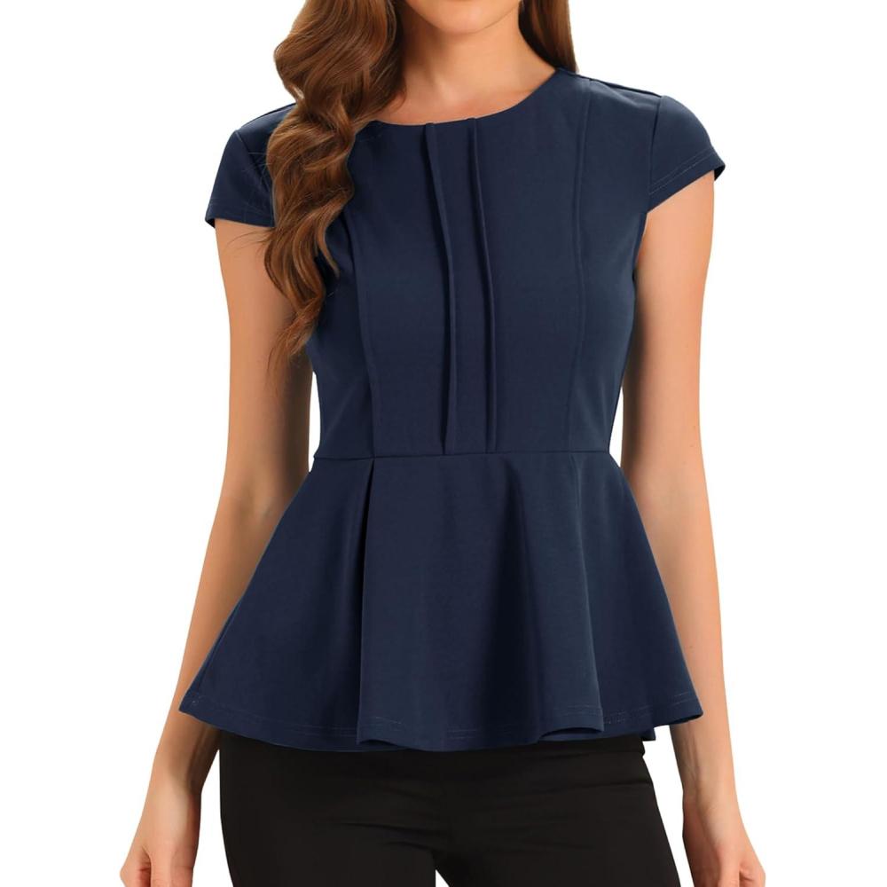 imageAllegra K Womens Peplum Top Cap Sleeve Round Neck 2025 Summer Work Blouse Tops for Business CasualDark Blue