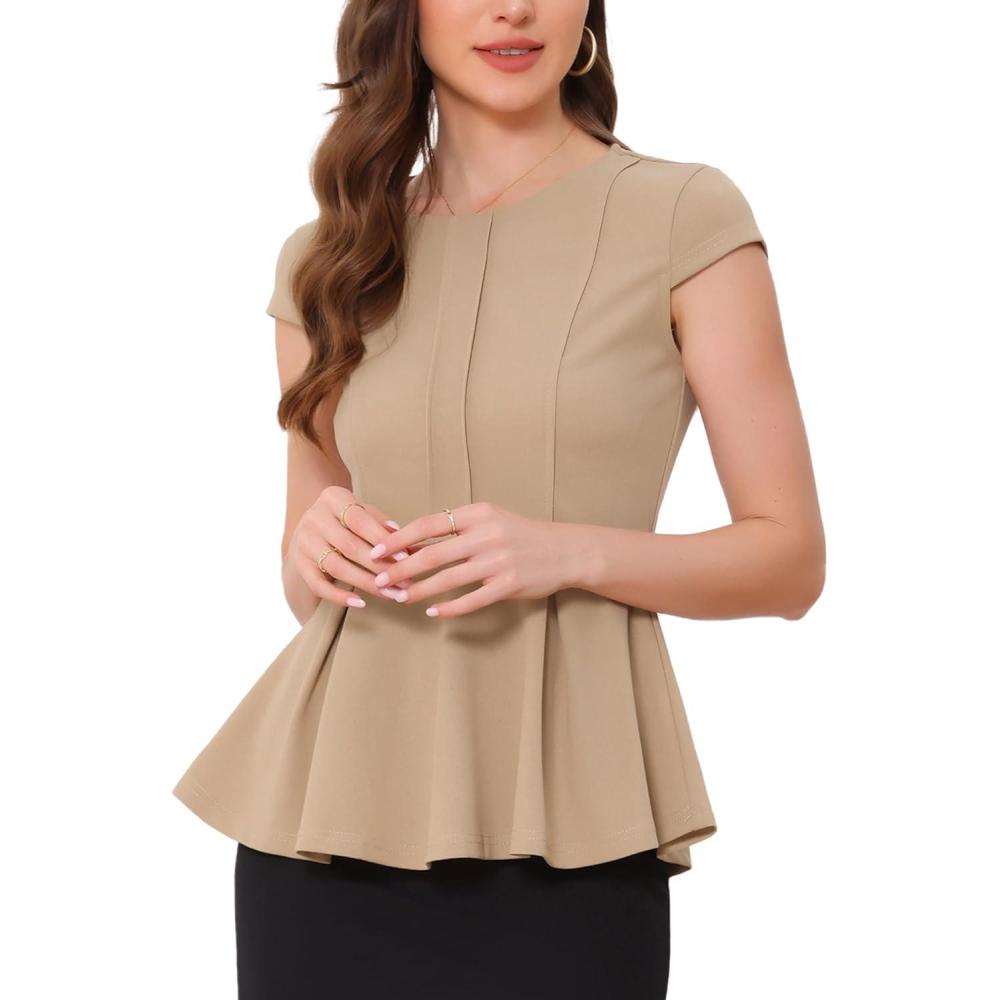 imageAllegra K Womens Peplum Top Cap Sleeve Round Neck 2025 Summer Work Blouse Tops for Business CasualKhaki