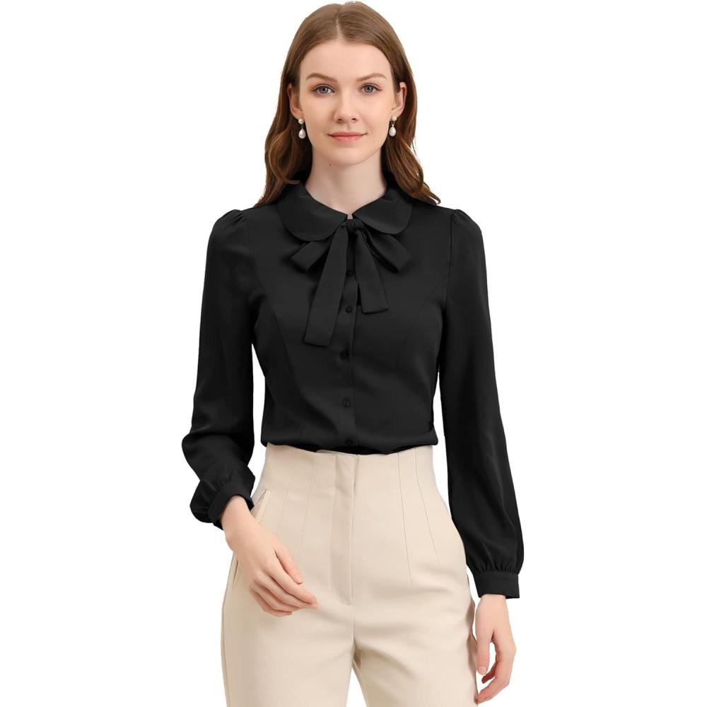 imageAllegra K Womens Peter Pan Collar Blouse Bow Tie Neck Vintage Casual Office Button Up ShirtBlack