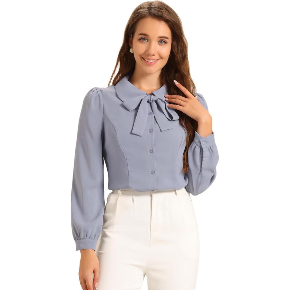 imageAllegra K Womens Peter Pan Collar Blouse Bow Tie Neck Vintage Casual Office Button Up ShirtLight Gray