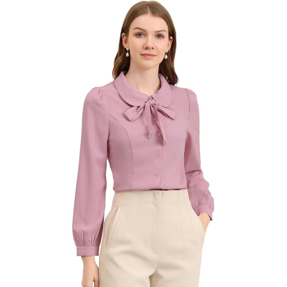 imageAllegra K Womens Peter Pan Collar Blouse Bow Tie Neck Vintage Casual Office Button Up ShirtPink