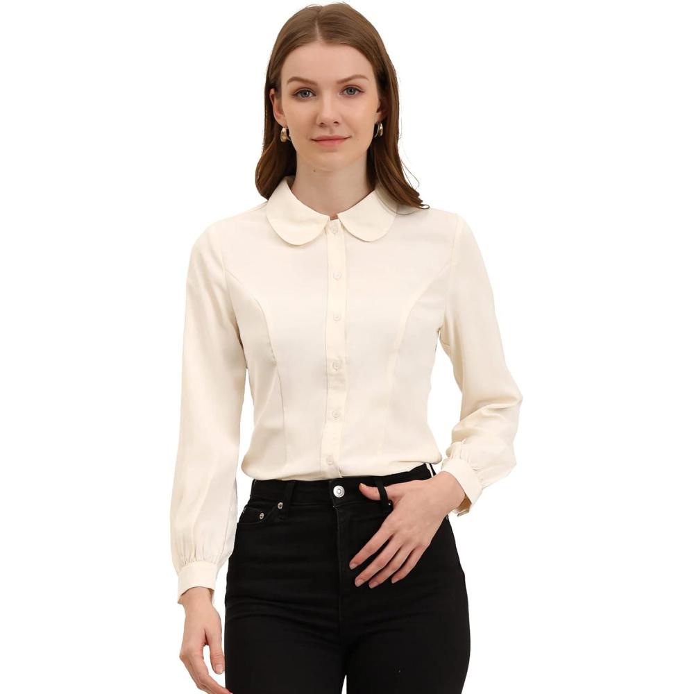 imageAllegra K Womens Peter Pan Collar Blouse Business Casual Long Sleeve Button Down Work ShirtBeige