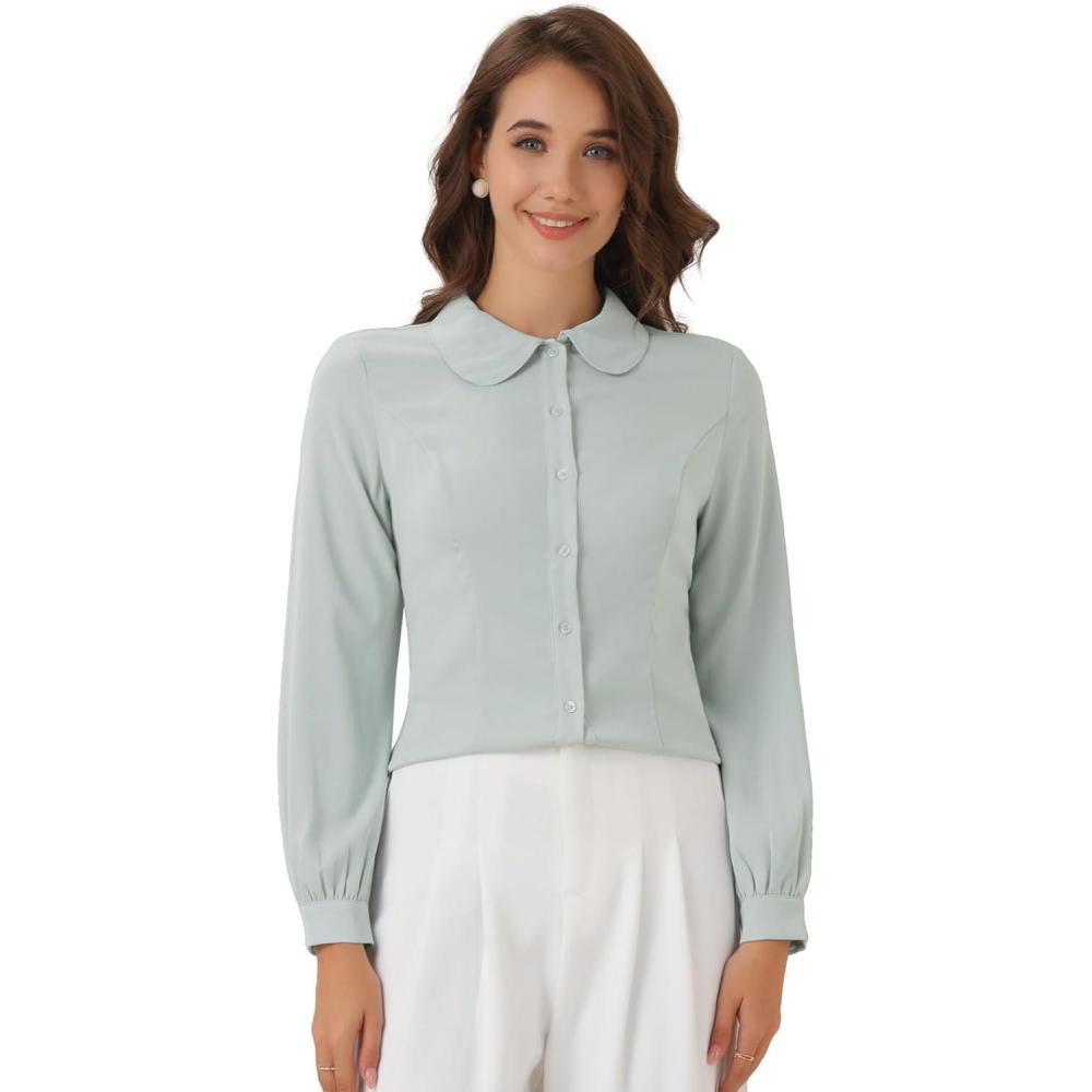 imageAllegra K Womens Peter Pan Collar Blouse Business Casual Long Sleeve Button Down Work ShirtPea Green