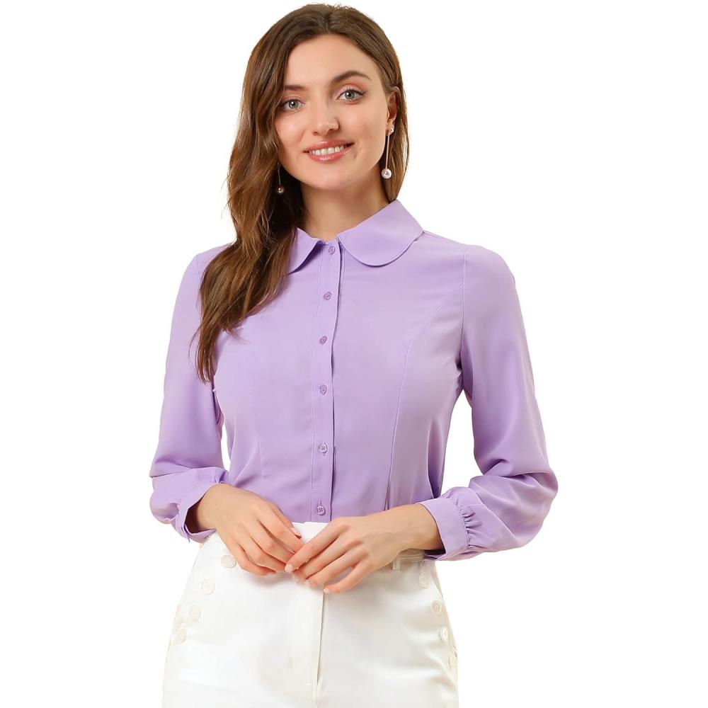 imageAllegra K Womens Peter Pan Collar Blouse Business Casual Long Sleeve Button Down Work ShirtPurple