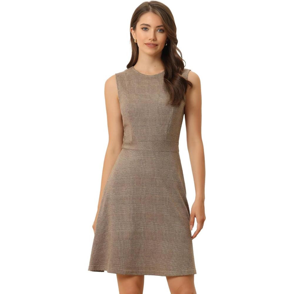 imageAllegra K Womens Plaid Dress Sleeveless A Line Vintage Houndstooth Work DressesBrown Apricot