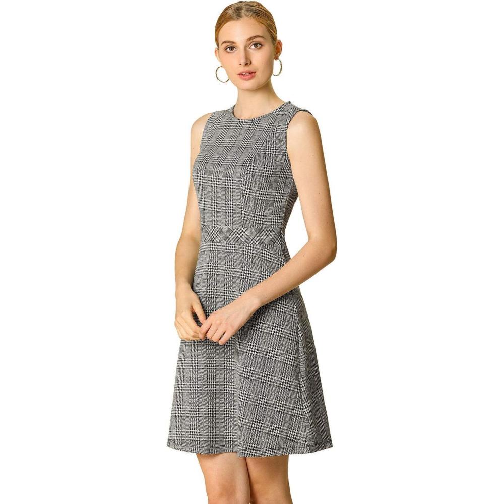 imageAllegra K Womens Plaid Dress Sleeveless A Line Vintage Houndstooth Work DressesWhite Black