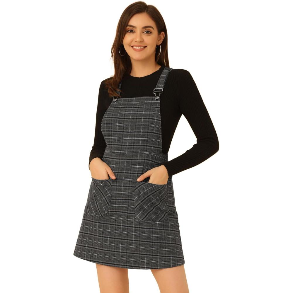imageAllegra K Womens Plaid Overall Dress Vintage Checkered Suspender Skirt Short Pinafore DressBlack Grey