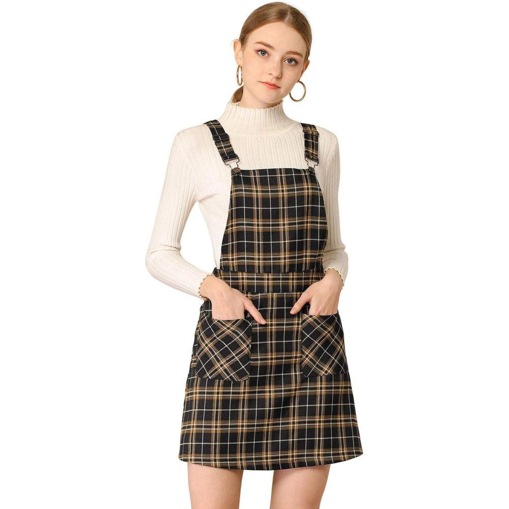 imageAllegra K Womens Plaid Overall Dress Vintage Checkered Suspender Skirt Short Pinafore DressBlackbrown