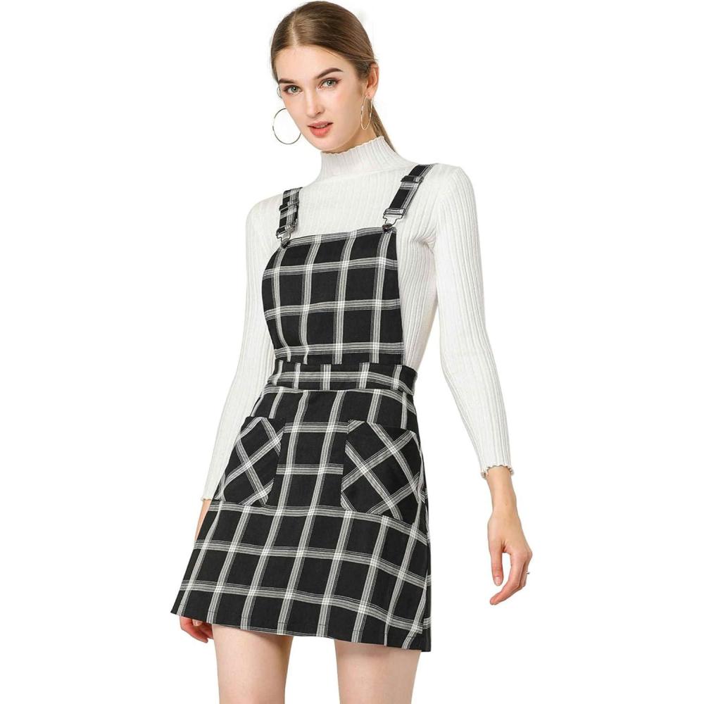 imageAllegra K Womens Plaid Overall Dress Vintage Checkered Suspender Skirt Short Pinafore DressBlackwhite
