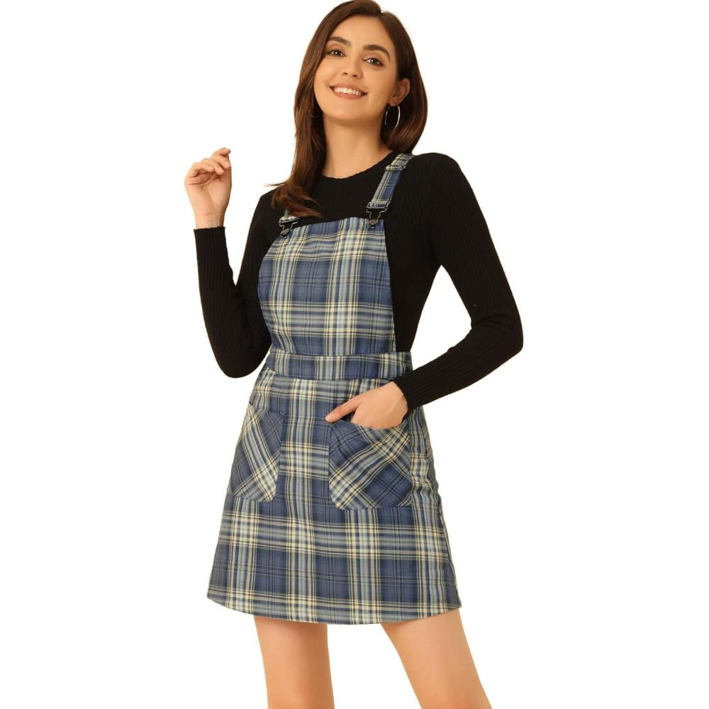 imageAllegra K Womens Plaid Overall Dress Vintage Checkered Suspender Skirt Short Pinafore DressBlue