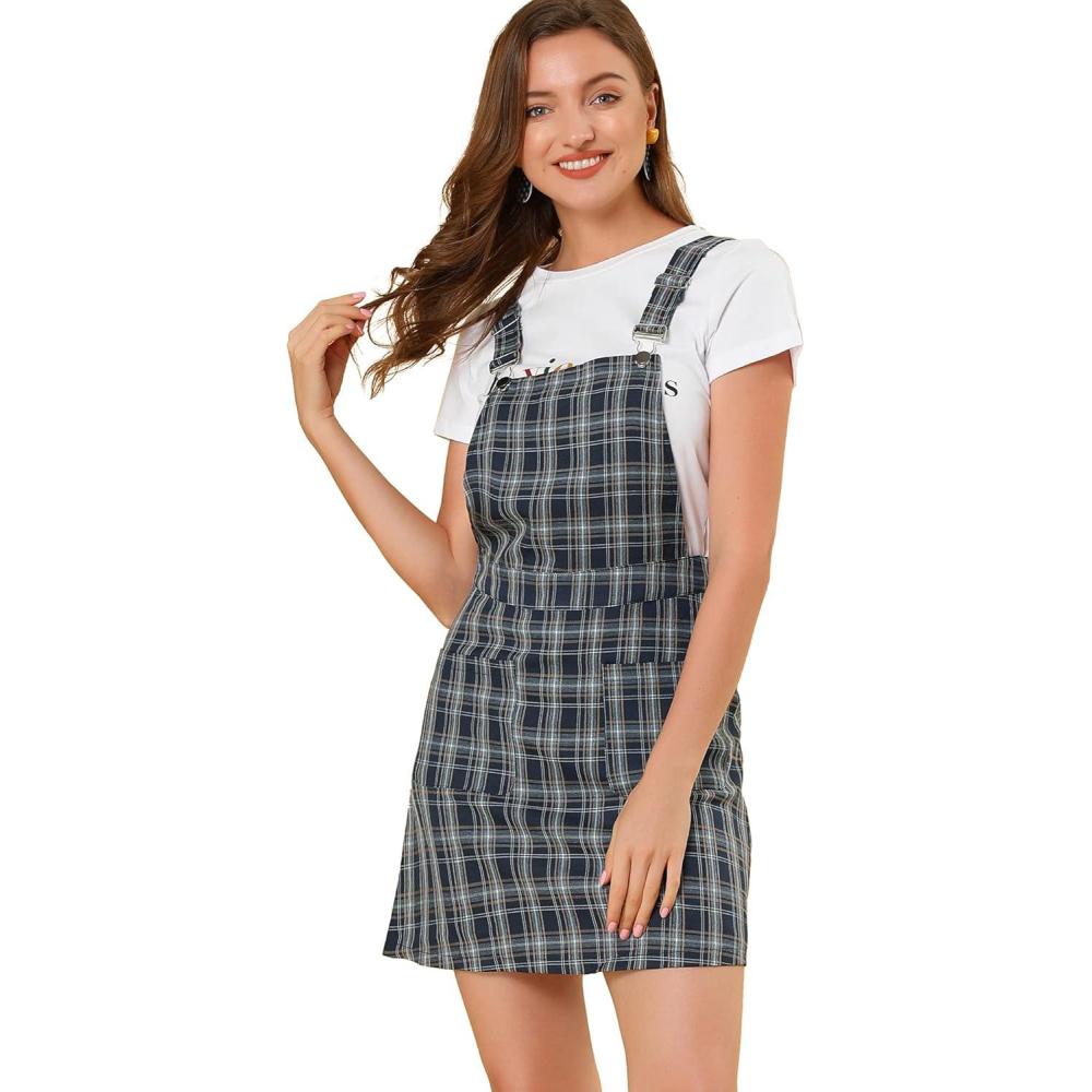 imageAllegra K Womens Plaid Overall Dress Vintage Checkered Suspender Skirt Short Pinafore DressBluebrown