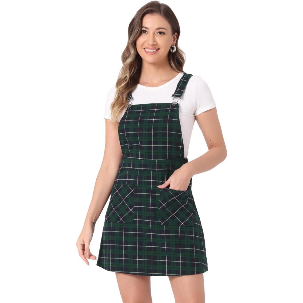 imageAllegra K Womens Plaid Overall Dress Vintage Checkered Suspender Skirt Short Pinafore DressBluegreen
