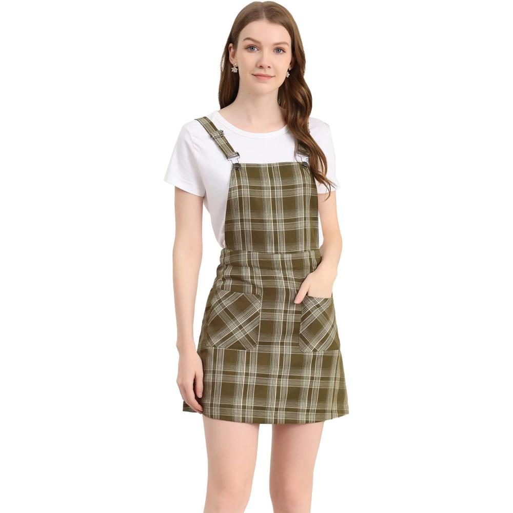 imageAllegra K Womens Plaid Overall Dress Vintage Checkered Suspender Skirt Short Pinafore DressBrownapricot