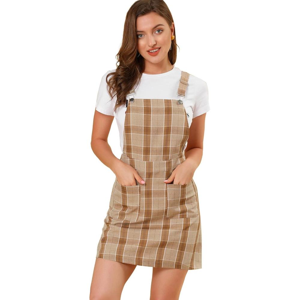 imageAllegra K Womens Plaid Overall Dress Vintage Checkered Suspender Skirt Short Pinafore DressBrownwhite