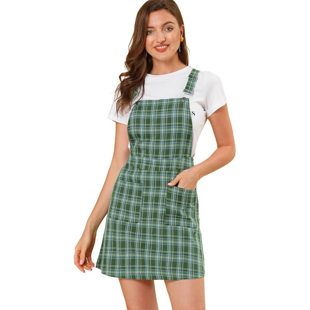 imageAllegra K Womens Plaid Overall Dress Vintage Checkered Suspender Skirt Short Pinafore DressGreenblue B