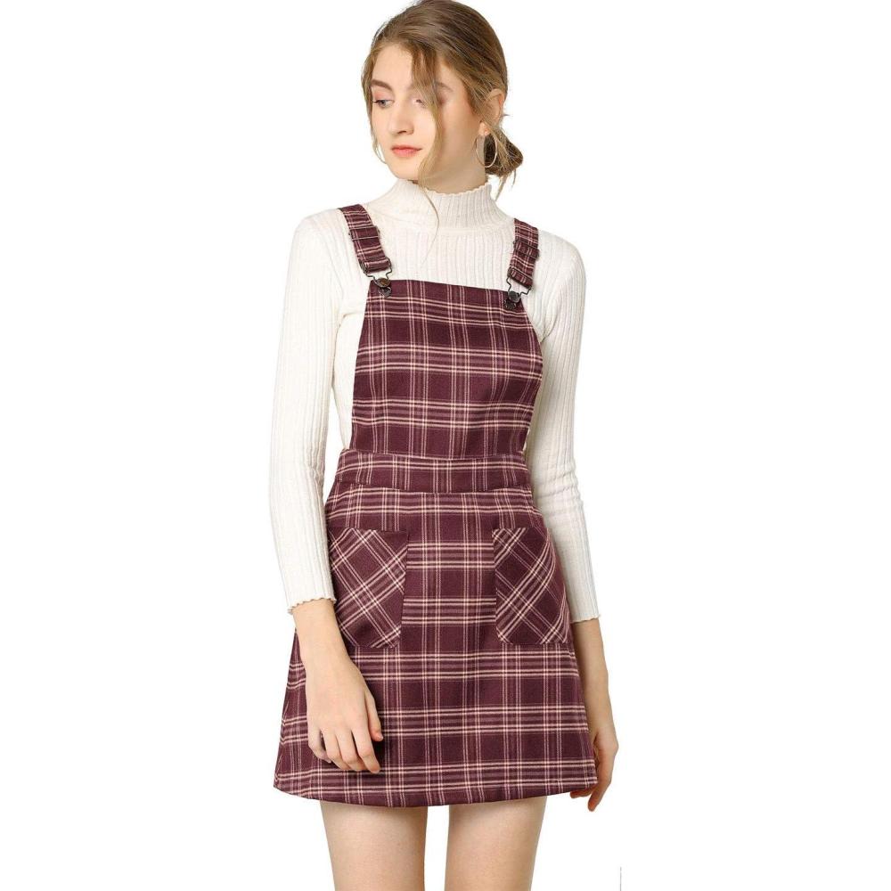 imageAllegra K Womens Plaid Overall Dress Vintage Checkered Suspender Skirt Short Pinafore DressRed