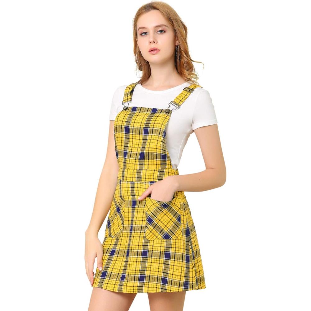 imageAllegra K Womens Plaid Overall Dress Vintage Checkered Suspender Skirt Short Pinafore DressYellow