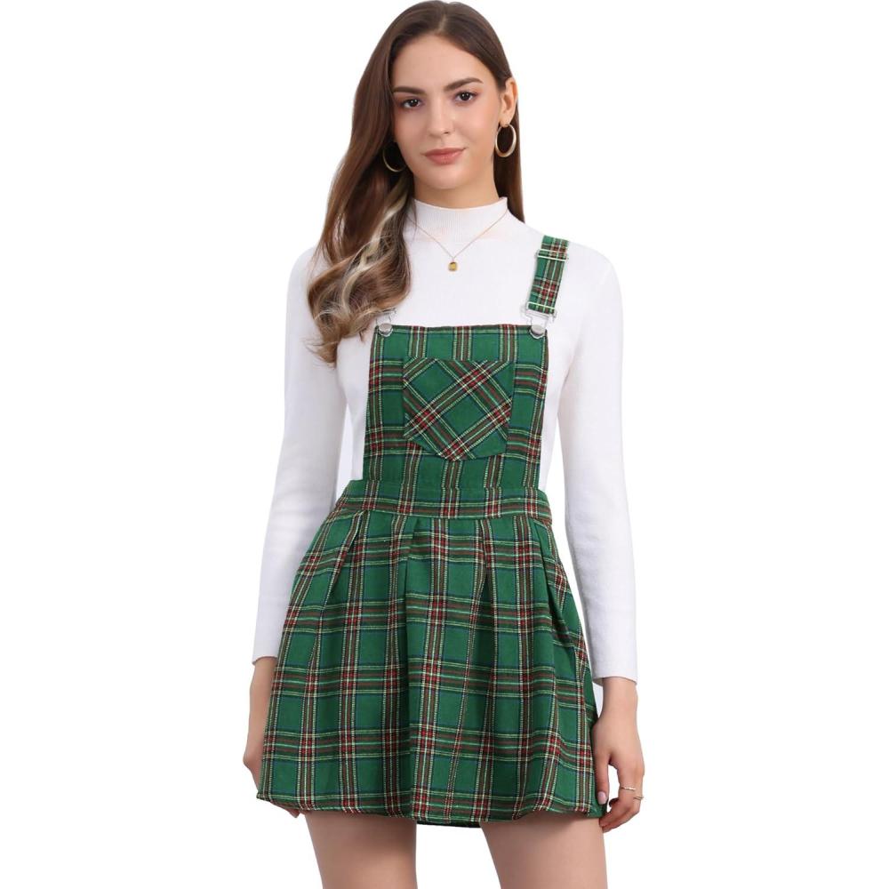 imageAllegra K Womens Plaid Pinafore Overall Dress Vintage Checks ALine Suspender Mini SkirtGreen