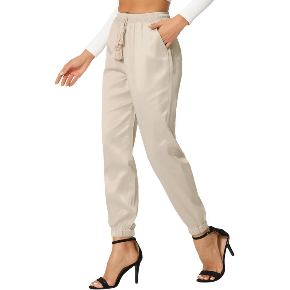 imageAllegra K Womens Satin Pants Drawstring Elastic Waist Straight Leg Ankle Length Dressy Joggers with PocketBeige