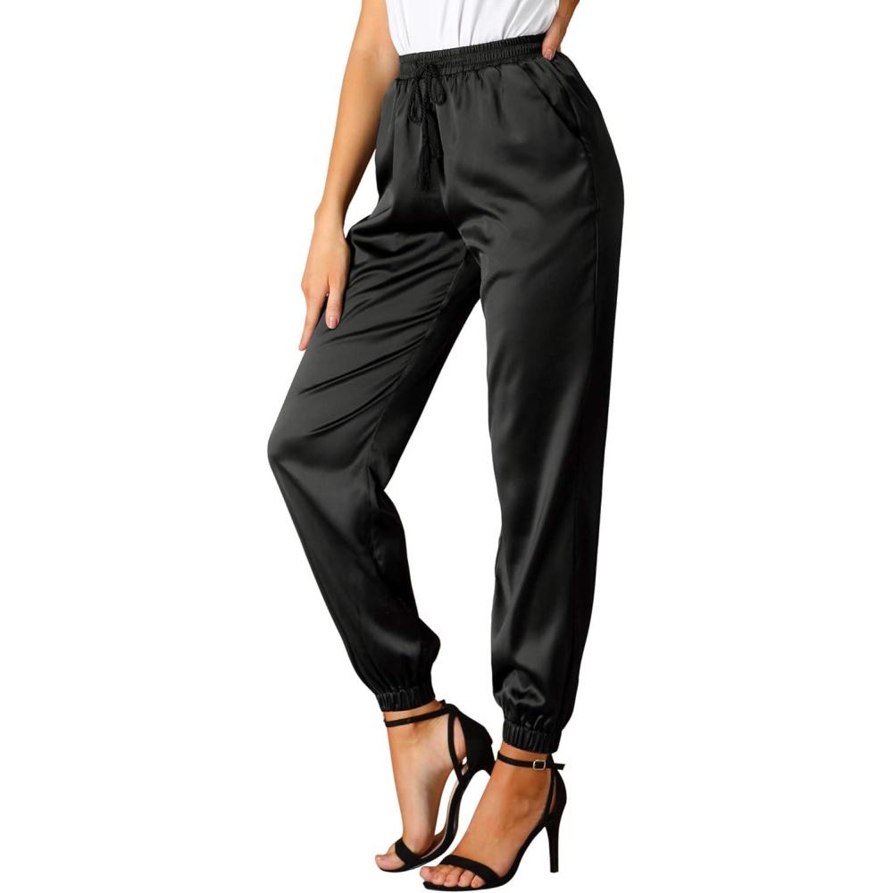 imageAllegra K Womens Satin Pants Drawstring Elastic Waist Straight Leg Ankle Length Dressy Joggers with PocketBlack