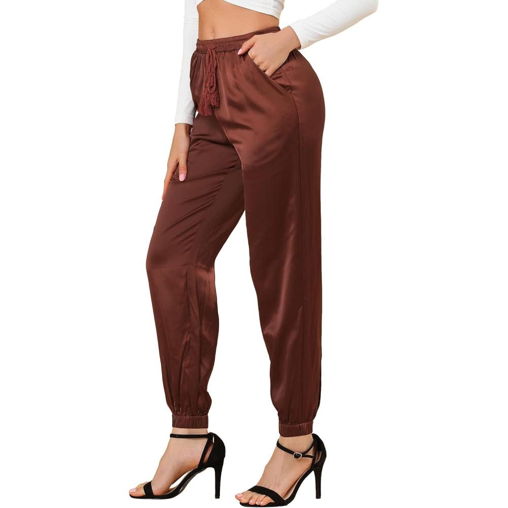 imageAllegra K Womens Satin Pants Drawstring Elastic Waist Straight Leg Ankle Length Dressy Joggers with PocketBrown