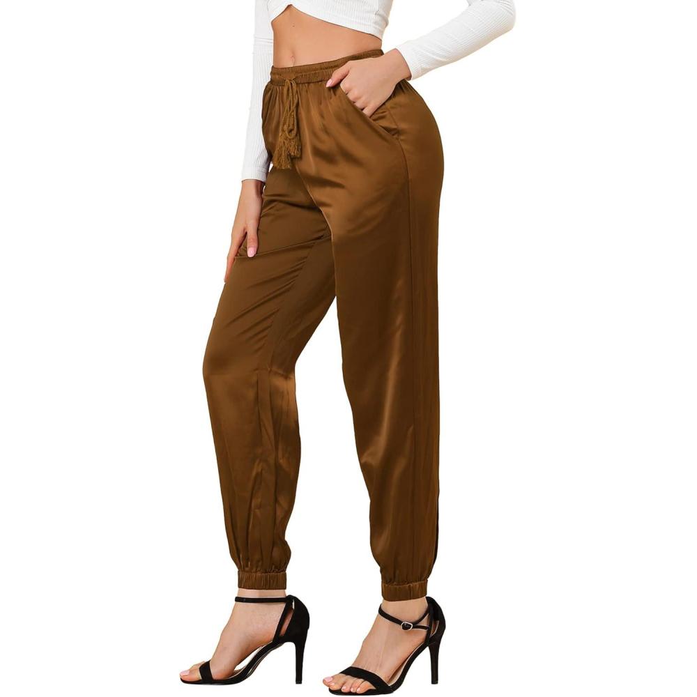 imageAllegra K Womens Satin Pants Drawstring Elastic Waist Straight Leg Ankle Length Dressy Joggers with PocketCoffee