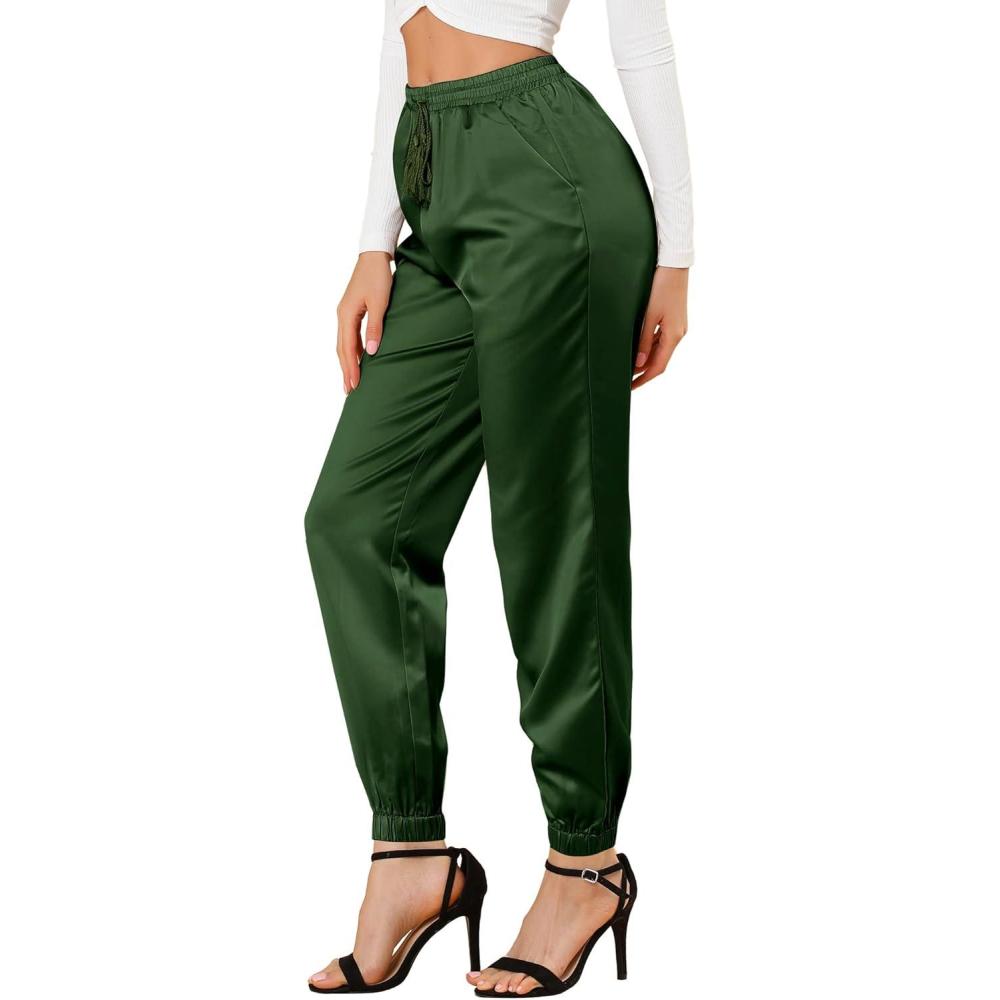 imageAllegra K Womens Satin Pants Drawstring Elastic Waist Straight Leg Ankle Length Dressy Joggers with PocketDark Green