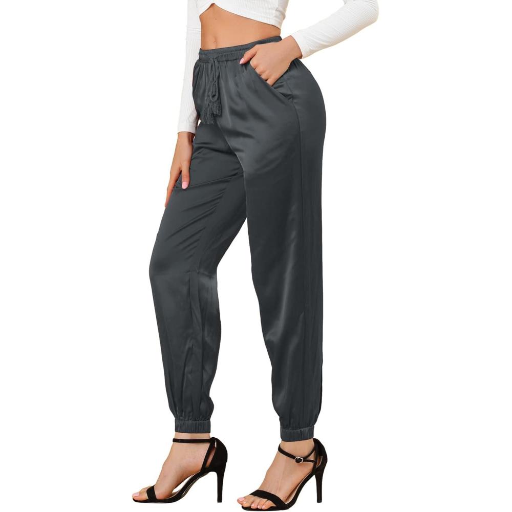 imageAllegra K Womens Satin Pants Drawstring Elastic Waist Straight Leg Ankle Length Dressy Joggers with PocketDark Grey