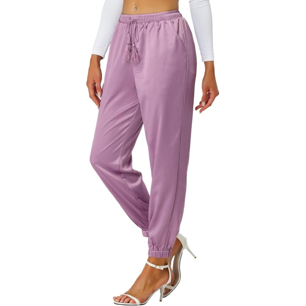 imageAllegra K Womens Satin Pants Drawstring Elastic Waist Straight Leg Ankle Length Dressy Joggers with PocketDull Purple