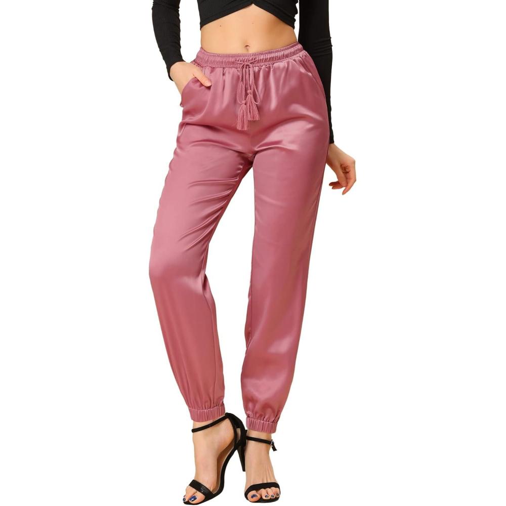 imageAllegra K Womens Satin Pants Drawstring Elastic Waist Straight Leg Ankle Length Dressy Joggers with PocketDusty Pink