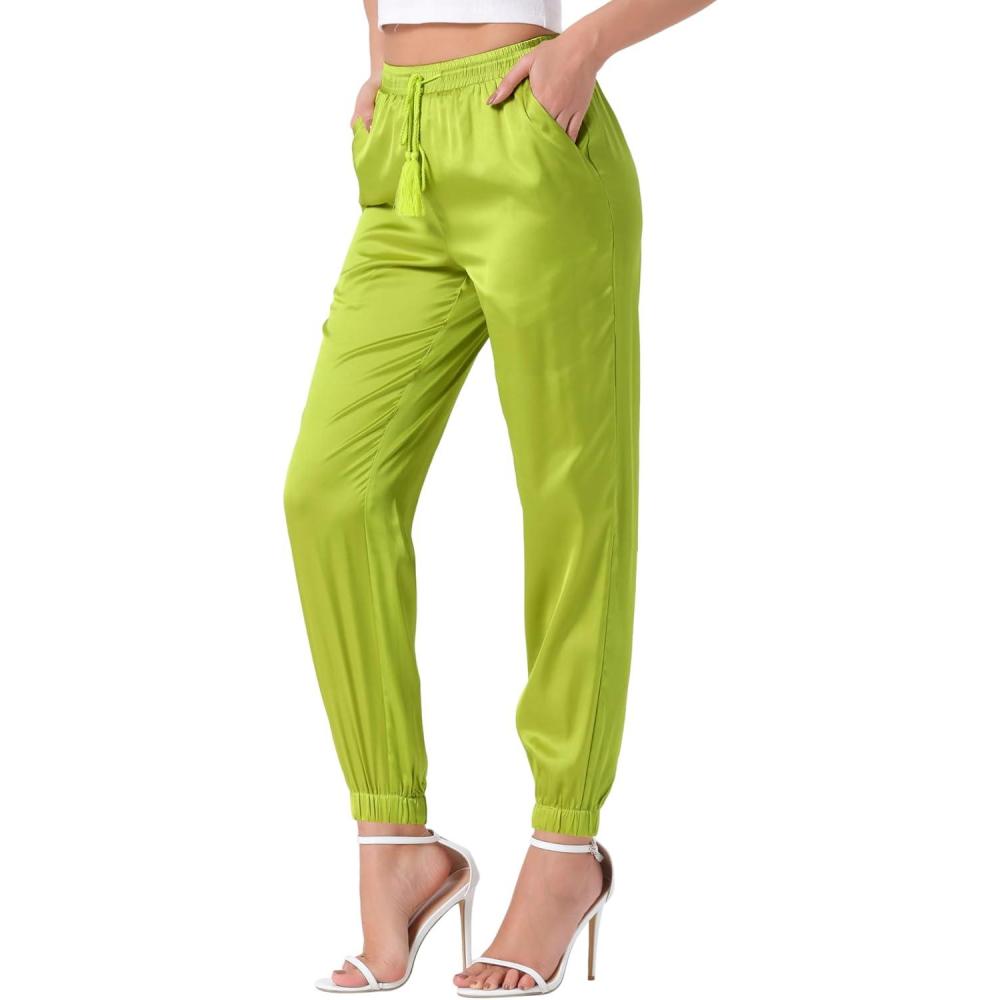 imageAllegra K Womens Satin Pants Drawstring Elastic Waist Straight Leg Ankle Length Dressy Joggers with PocketFluorescent Yellow