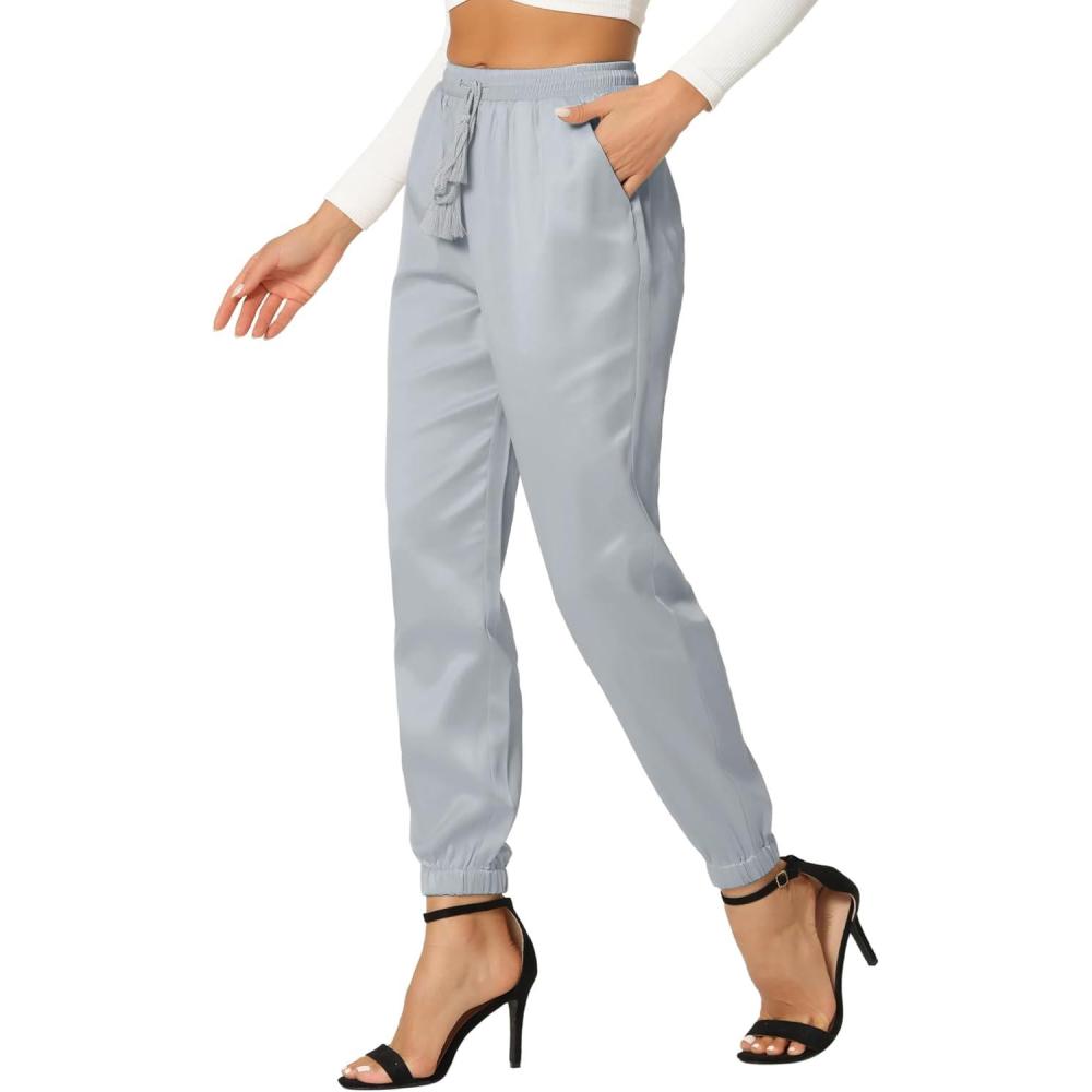 imageAllegra K Womens Satin Pants Drawstring Elastic Waist Straight Leg Ankle Length Dressy Joggers with PocketSilver
