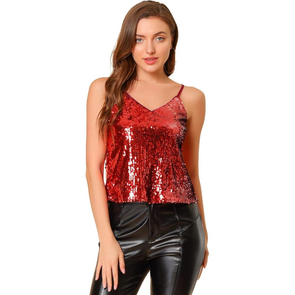 imageAllegra K Womens Sequined Shining Camisole Club Party Glitter Disco Sparkle Cami TopRed