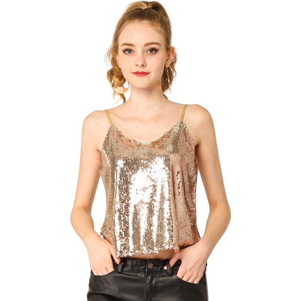 imageAllegra K Womens Sequined Shining Camisole Club Party Glitter Disco Sparkle Cami TopRose Gold
