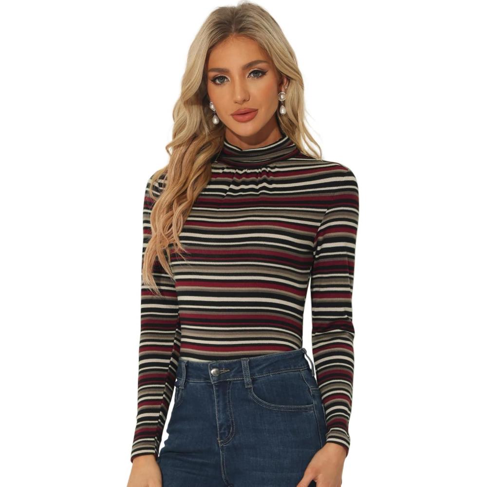 imageAllegra K Womens Striped Top Long Sleeve Casual Slim Turtleneck Fall Christmas Party Shirt 2025Black Striped