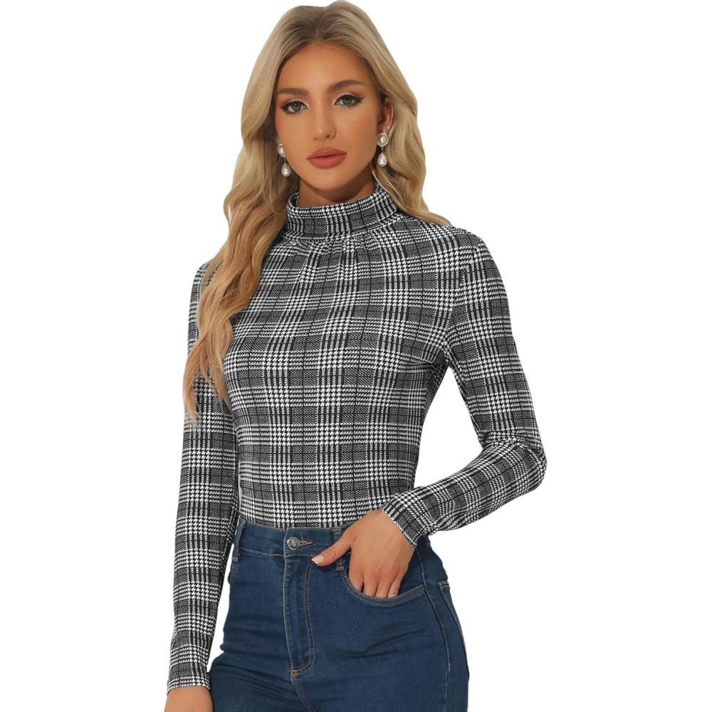 imageAllegra K Womens Striped Top Long Sleeve Casual Slim Turtleneck Fall Christmas Party Shirt 2025Blacks