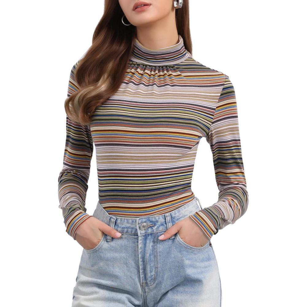 imageAllegra K Womens Striped Top Long Sleeve Casual Slim Turtleneck Fall Christmas Party Shirt 2025Brown Striped