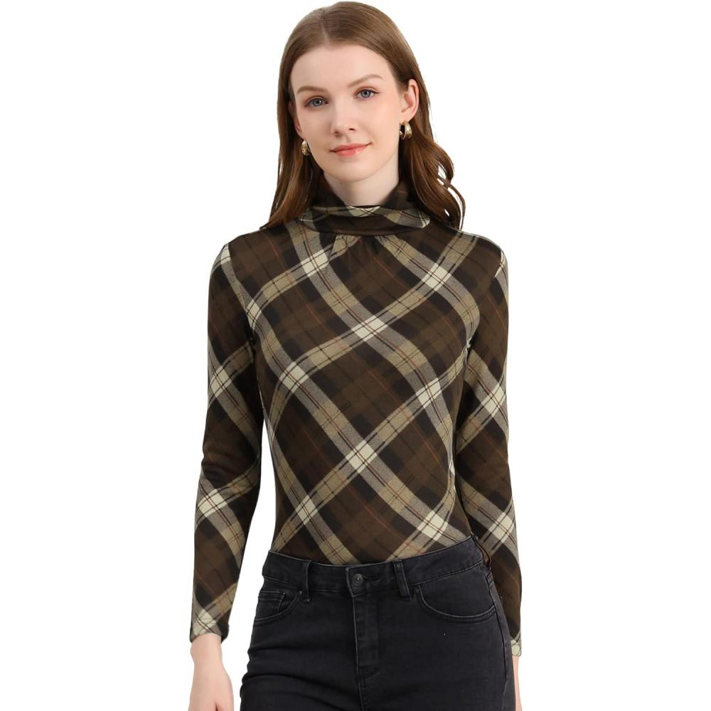 imageAllegra K Womens Striped Top Long Sleeve Casual Slim Turtleneck Fall Christmas Party Shirt 2025Brown a