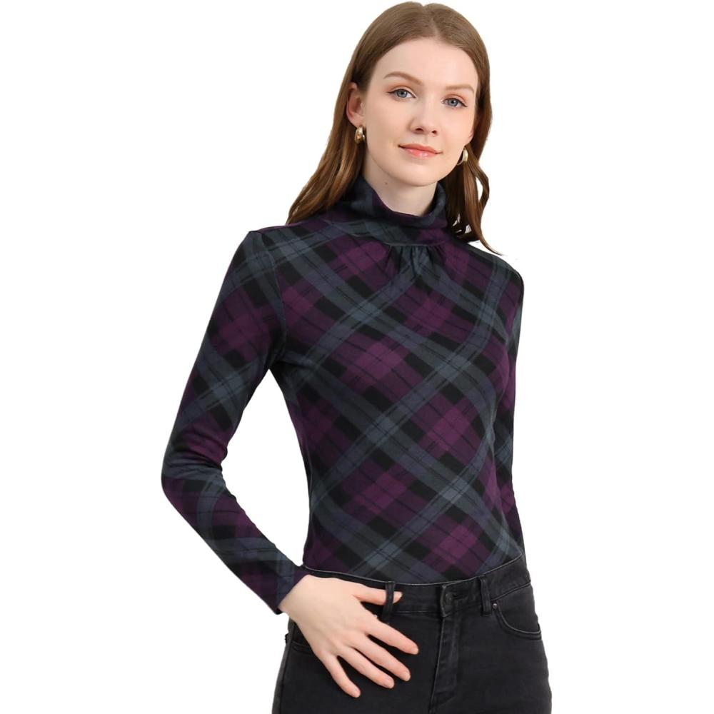 imageAllegra K Womens Striped Top Long Sleeve Casual Slim Turtleneck Fall Christmas Party Shirt 2025Purple
