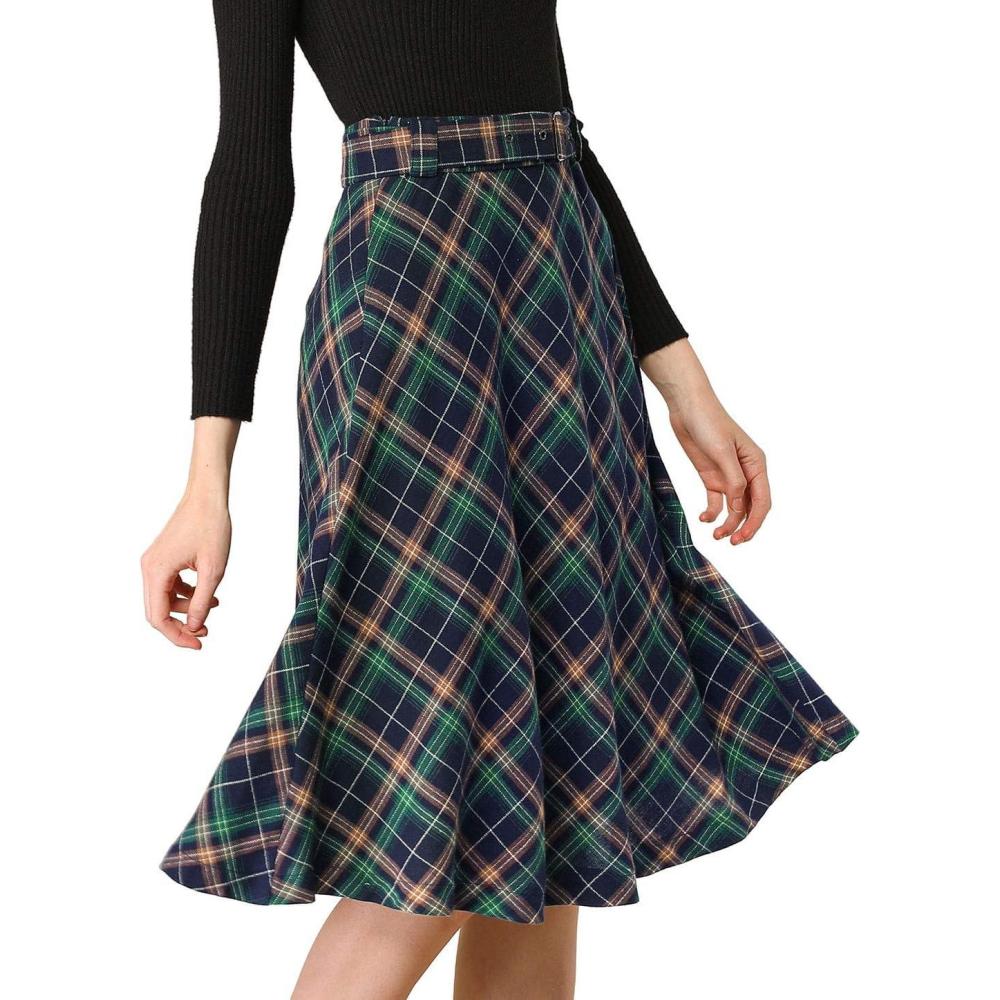 imageAllegra K Womens Tartan Plaid High Waist Belted Vintage ALine Midi SkirtBlue Green