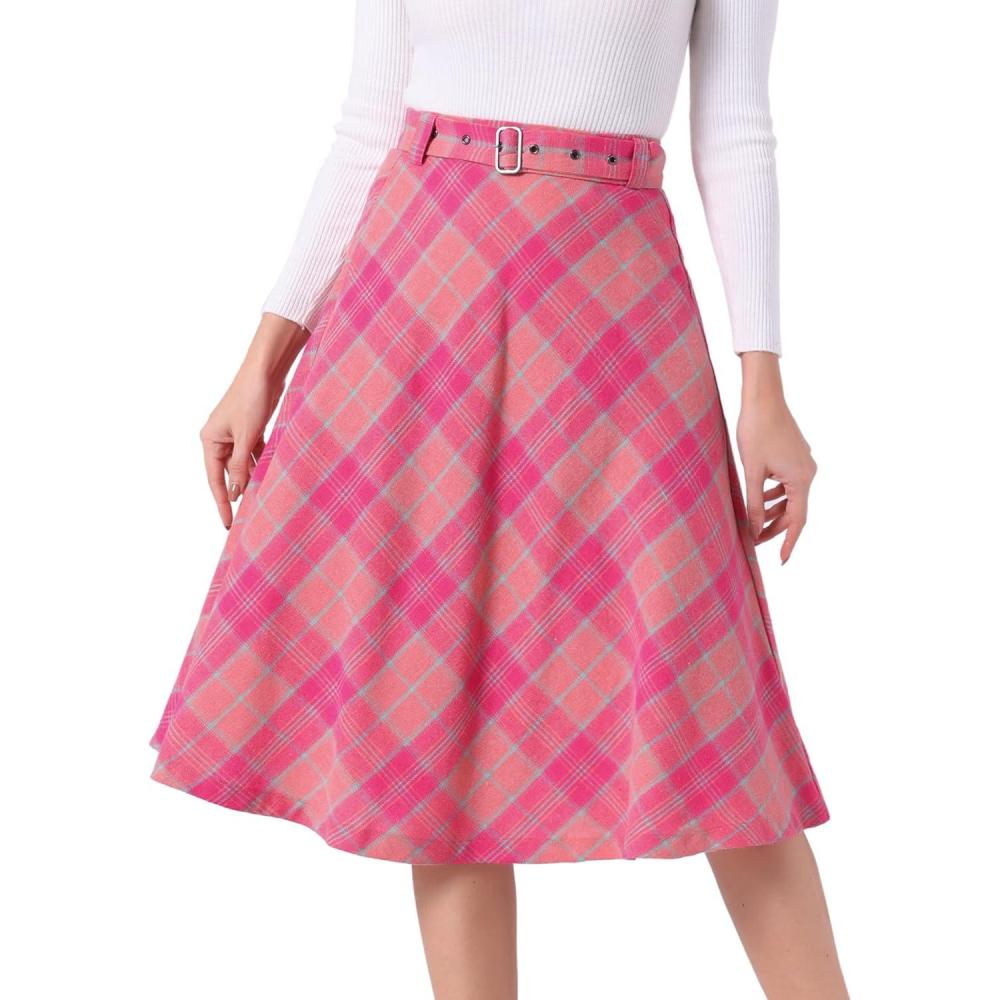 imageAllegra K Womens Tartan Plaid High Waist Belted Vintage ALine Midi SkirtHot Pink